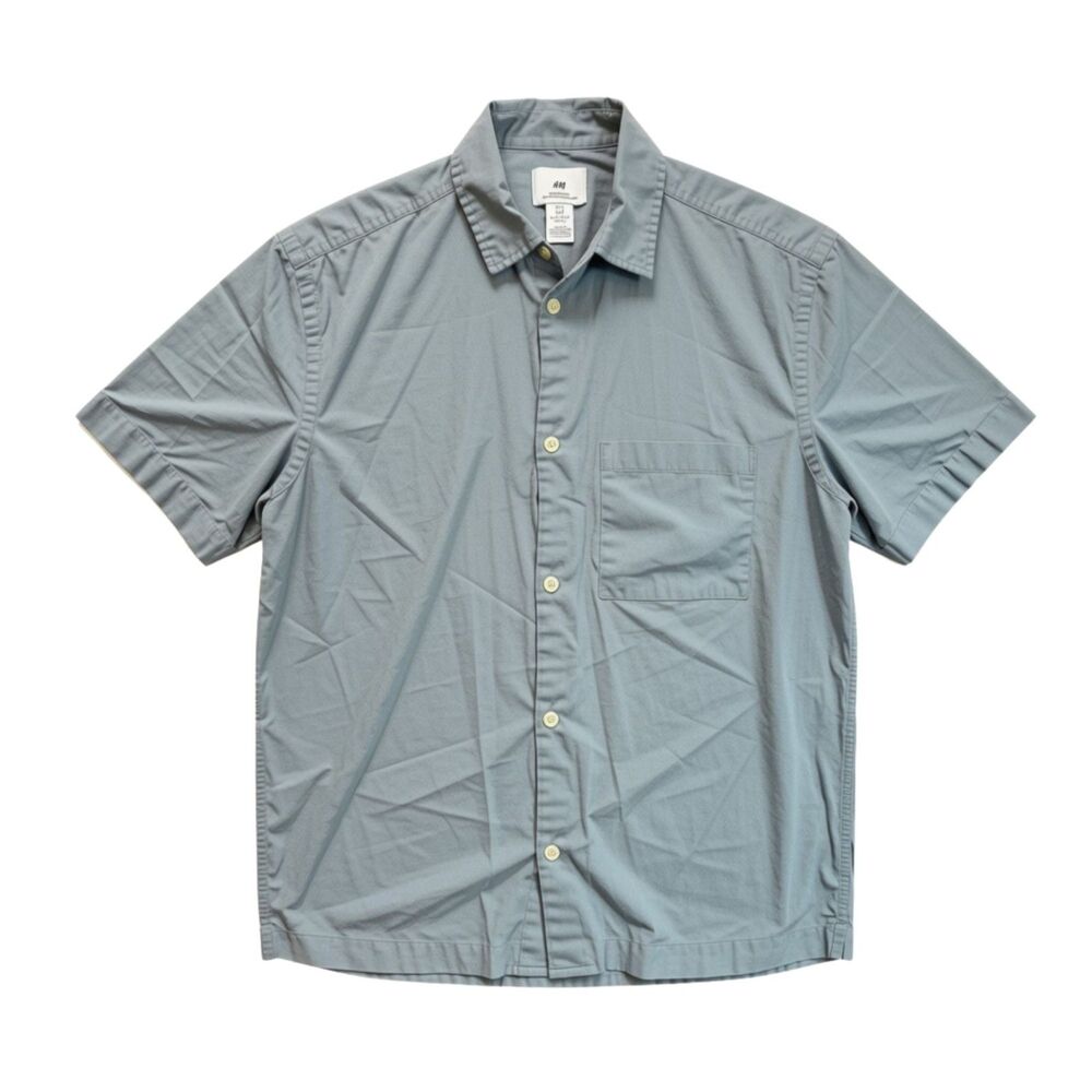 H&M Men's Short Sleeve Camp Collar Shirt Size Small Blue Relaxed Fit Button Down